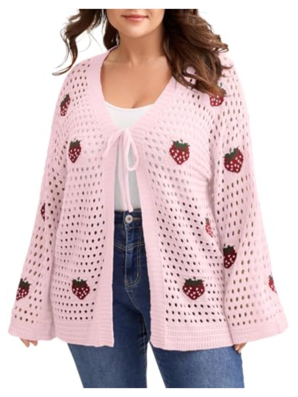 Plus Size Cardigan Strawberry Embroidery Open Front Knit Sweater